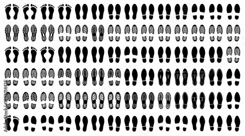Collection of black vector footprints and shoe print silhouettes including bare feet, boots, and formal soles, concept for forensic evidence, safety tracking, and design element