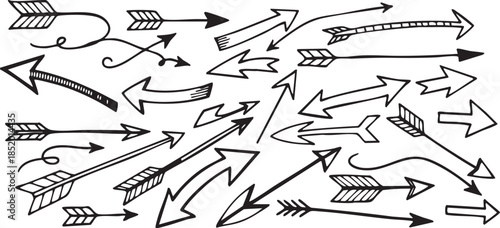 A diverse collection of hand-drawn doodle arrows in various styles and directions, perfect for graphic design elements.