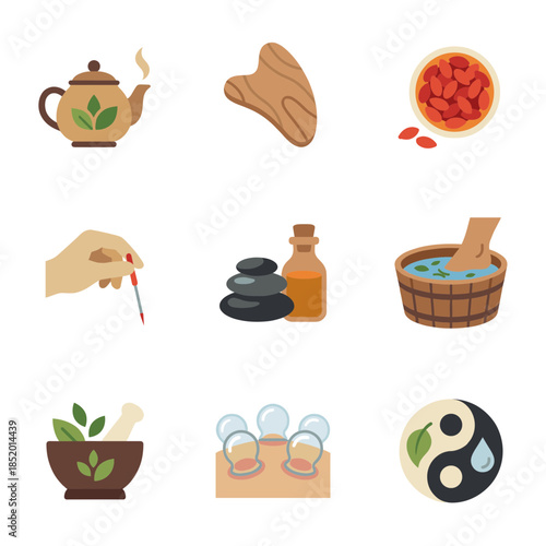 Traditional Healing Arts and Spa Wellness Icons Featuring Gua Sha Cupping Acupuncture and Herbal Medicine Elements for Relaxation