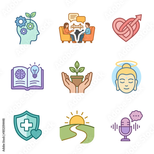 Mental Health and Self Care Concept Icons for Counseling Psychology Mindfulness Meditation and Emotional Wellness Support