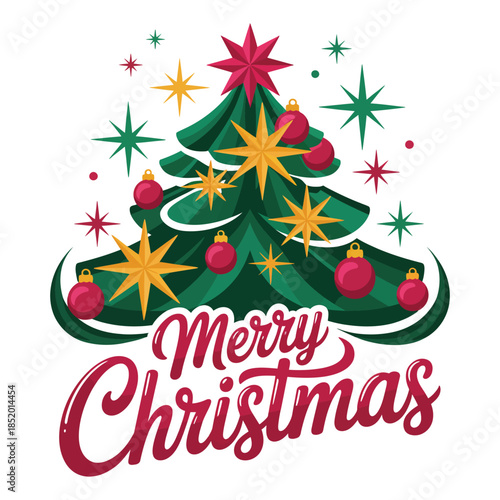 Radiant Merry Christmas Tree with Red Ornaments and Golden Stars Holiday Season Celebration and Festive Event Decoration and Retro Design