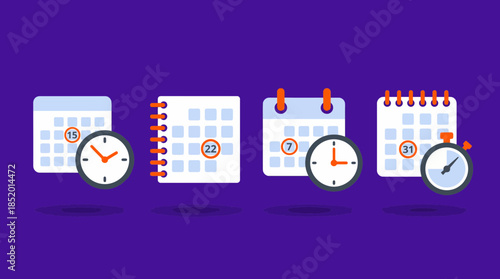 Graphic depiction of time management concepts featuring four stylized calendars, clocks, and a stopwatch icon, concept for deadline scheduling, event planning, and business organization