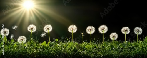 Bright Sunlight Over Dandelion Flower Field with Dark Background
