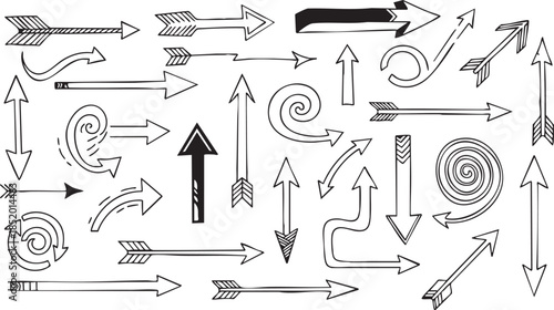 A diverse collection of hand-drawn doodle arrows in various styles, directions, and shapes, suitable for graphic design elements.