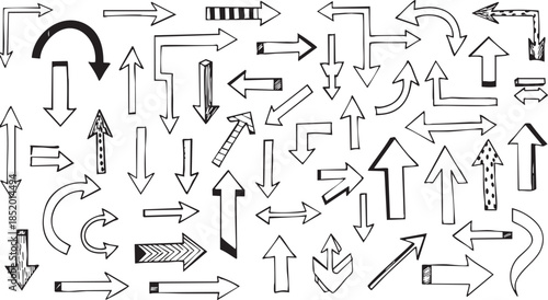 A large collection of hand-drawn doodle arrows pointing in various directions, indicating movement, navigation, and pointers on a white background.