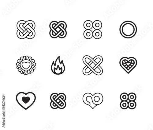 Bundle of love related icons like knots hearts flower seals and flame motifs for wedding themes