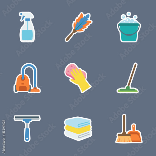 Household Cleaning and Janitorial Service Icons Set with Vacuum Cleaner Spray Bottle Duster Bucket Mop and Laundry Supplies