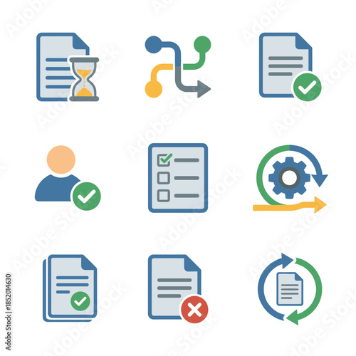 Business Workflow and Agile Project Management Icons Set with Process Flow Document Checklist Gear Cycle and Approval Status