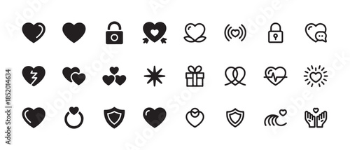 Assortment of heart icons lock symbols gift box and radiating wave graphics for emotion sharing