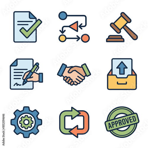 Legal and Corporate Business Compliance Icons Set with Auction Gavel Signed Contract Handshake Gear Process and Approved Stamp