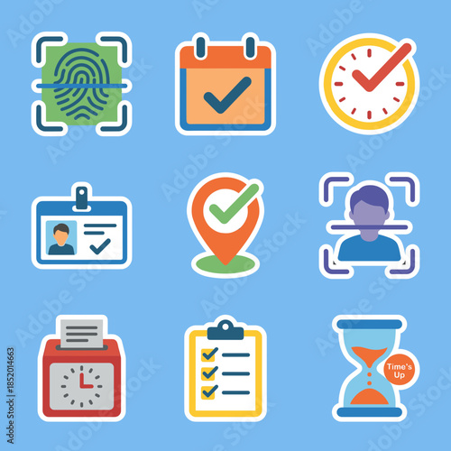 Workplace Productivity and Time Management Stickers Set with Biometric Scanning ID Card Checklist Hourglass and Timely Reports