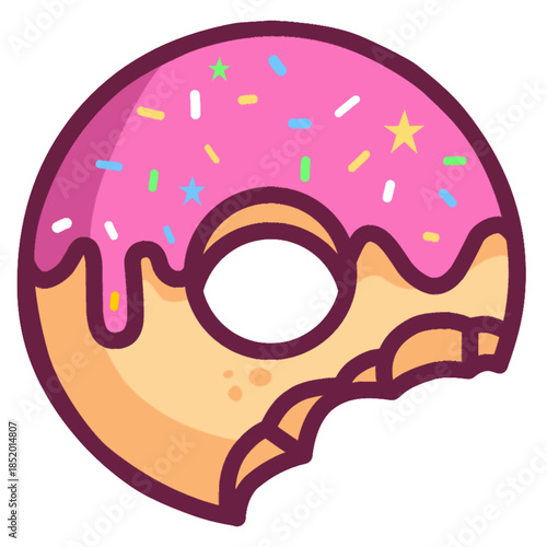 Icon of a pink sprinkle donut icon with bites