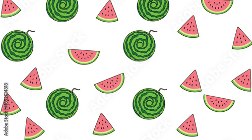 Cute summer watermelon repeat pattern with cartoon fruit slices colorful flat vector illustration
