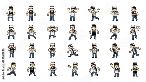 Big set of a cartoon prisoner character in a striped uniform, showing a wide range of poses, actions, and emotions.