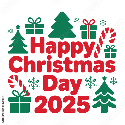 Vector design of happy christmas day 2025 with christmas trees gift boxes candy canes snowflakes for festive season greetings cards and decorations background