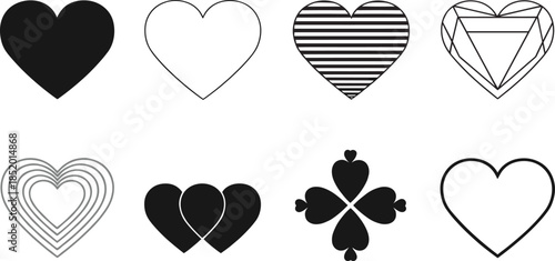 Set of black heart icons and love symbols featuring solid silhouettes thin line outlines striped patterns and geometric diamond shapes isolated on white background flat vector illustration