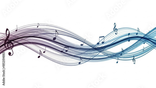 Abstract musical notes flowing on colorful wavy lines a dynamic visual representation of sound and melody for creative projects isolated on white