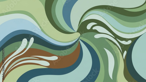 Vibrant green, blue, and brown abstract swirling pattern design element with flowing shapes