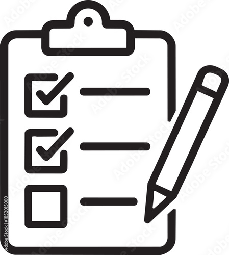 Outline icon of a clipboard with a checklist and pencil for task management
