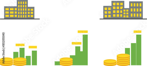 Business growth and financial success vector set featuring office buildings, gold coins, and rising green bar charts for investment and banking.