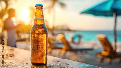 Refreshing Drink in a Glass Bottle at Sunset by the Beach