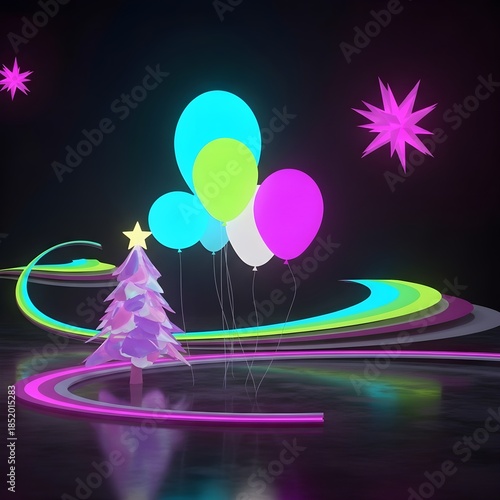 Generative AI, Christmas abstract background reminiscent of a futuristic balloon party