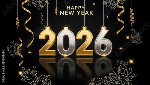 Happy New Year 2026 celebration with gold and silver decorations