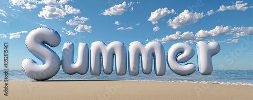 Cheerful Summer Text on a Beach with Blue Sky and Clouds