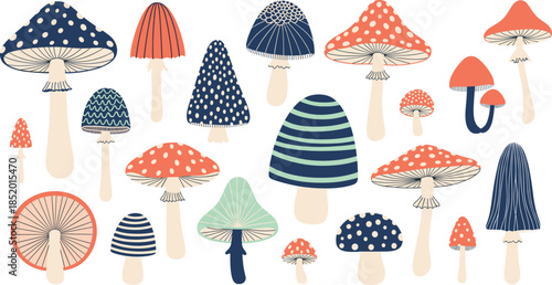 Decorative Mushroom Vector Illustration Collection Featuring Cute Forest Fungi Elements