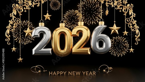 Happy New Year 2026 celebration with golden and silver ornaments