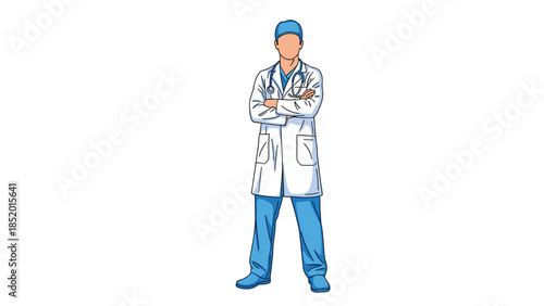 Full-body illustration of a confident male doctor in a lab coat and scrubs, standing with arms crossed and a stethoscope.