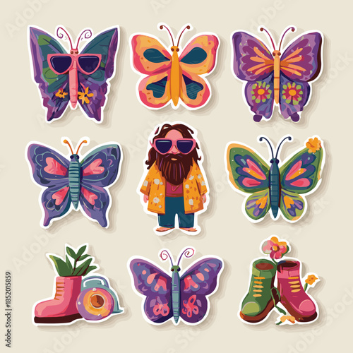  Groovy hippie Spring stickers.Funny butterfly. Vector cartoon characters and elements