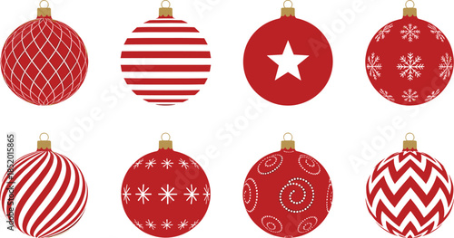 Set of red Christmas bauble ornaments with various white patterns like stars, snowflakes, and stripes for holiday decoration, greeting cards and branding.
