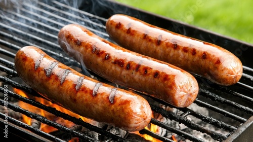 Grilled Sausages on BBQ Grill with Flames and Smoke