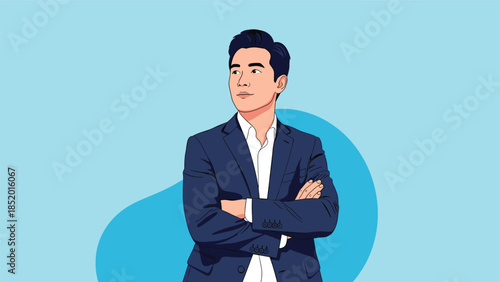 Confident and successful Asian businessman in a stylish suit standing with arms crossed, looking towards the future.