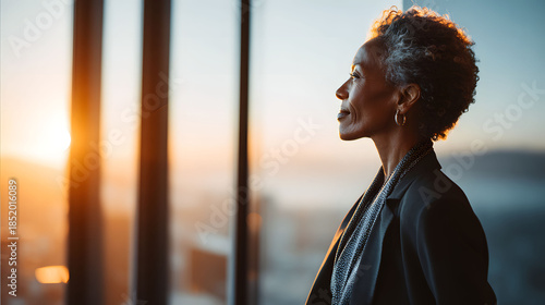 Wallpaper Mural Senior businesswoman looking out window at sunset Torontodigital.ca
