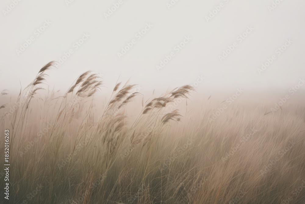 Obraz premium Soft beige meadow grass swaying in gentle wind under pale sky, minimal natural landscape with calm mood, warm neutral tones and spacious copy space