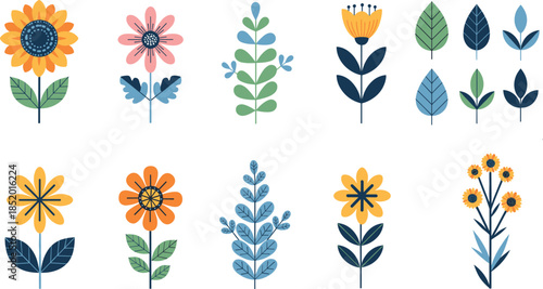 Flat Botanical Floral Vector Set with Stylized Flowers and Leaves for Modern Design Projects