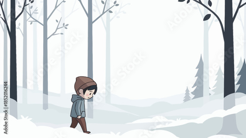 A lone figure walks through a serene snowcovered forest in a minimalist cartoon style.