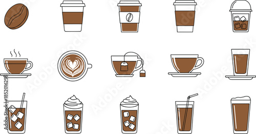 Collection of coffee and tea icons featuring espresso cups, latte art, takeaway paper cups, iced beverages, and coffee beans for cafe branding.