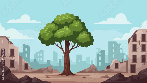 A lone vibrant green tree stands resiliently in the midst of a desolate ruined city landscape under a clear sky symbolizing hope and rebirth.