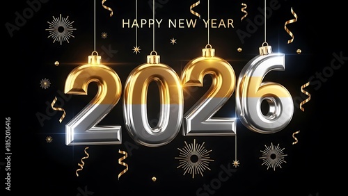 Celebrate 2026 with shiny gold and silver numbers on black background