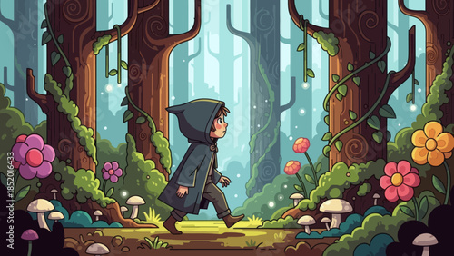 A small child in a dark cloak walks through a vibrant magical forest filled with colorful flowers and glowing mushrooms in a whimsical cartoon style.