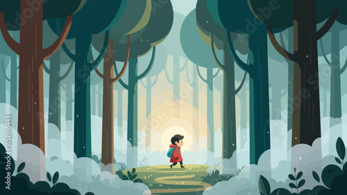 A small child with a backpack walks through a magical forest with tall trees and a glowing path creating a sense of wonder and adventure.