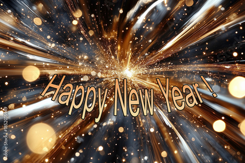 Happy New Year greetings on a shimmering fireworks background