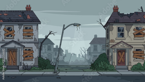 Abandoned Houses in a Desolate Neighborhood with Boarded Windows and Overcast Sky.