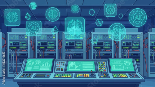 Advanced Server Room with Control Panel and Holographic Displays.