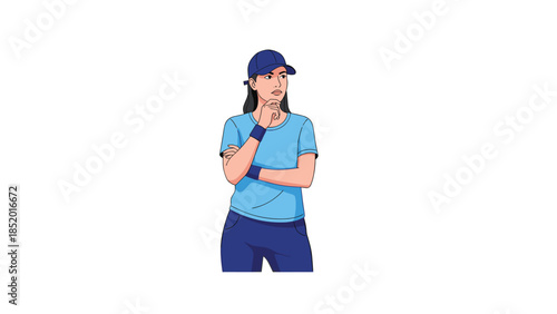 Young athletic woman in a cap and sportswear standing in a thoughtful pose with her hand on her chin, thinking.