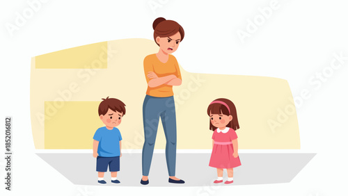 Angry mother scolding her two children a boy and a girl for misbehaving at home.