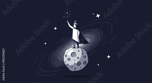 Astronaut standing on the moon holding a star in space with a galaxy in the background.